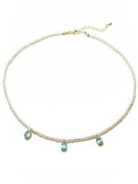 Gold Pearl Choker Necklace with Aqua Crystal Drops